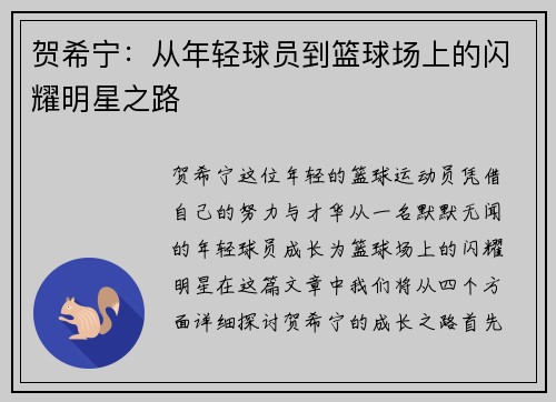 贺希宁：从年轻球员到篮球场上的闪耀明星之路